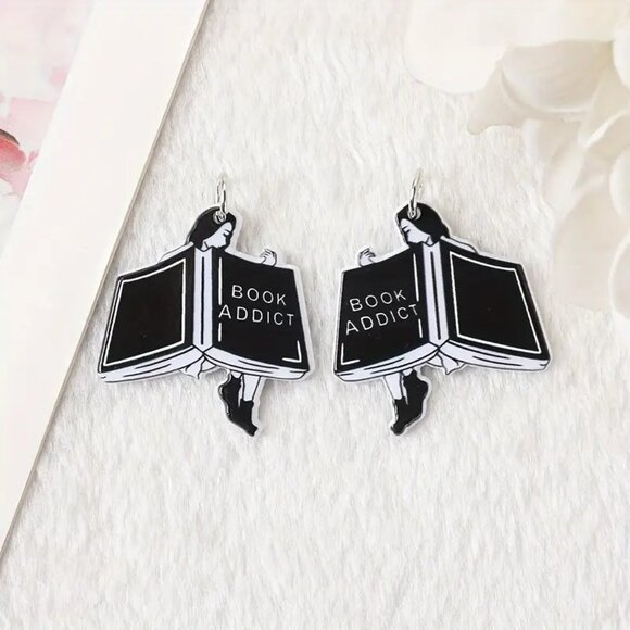 Acrylic Earrings,"Book Addict" Engraved Magic Book Design Vintage Style Dangle - Picture 5 of 5